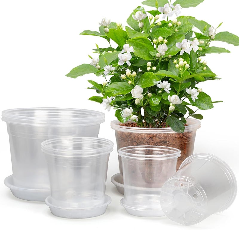 RAOOKIF 10/8/6/5 Inch Nursery Pots with Saucers, 12 Pack Clear Nursery Pots with Drainage Hole for Indoor Outdoor, Plastic Clear Pots for Plants for Flowers, Succulents, Small Herbs - Image 1